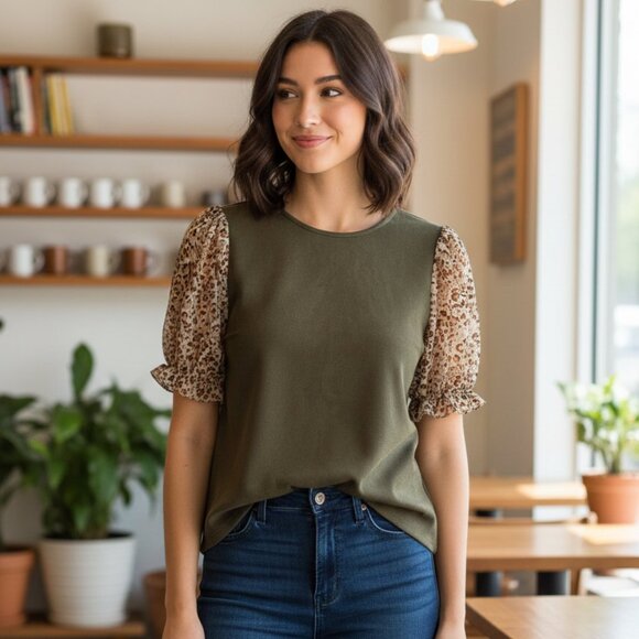 THML Tops - ⭐ THML Faux Hunter Green Suede With Animal Print Sleeves Medium